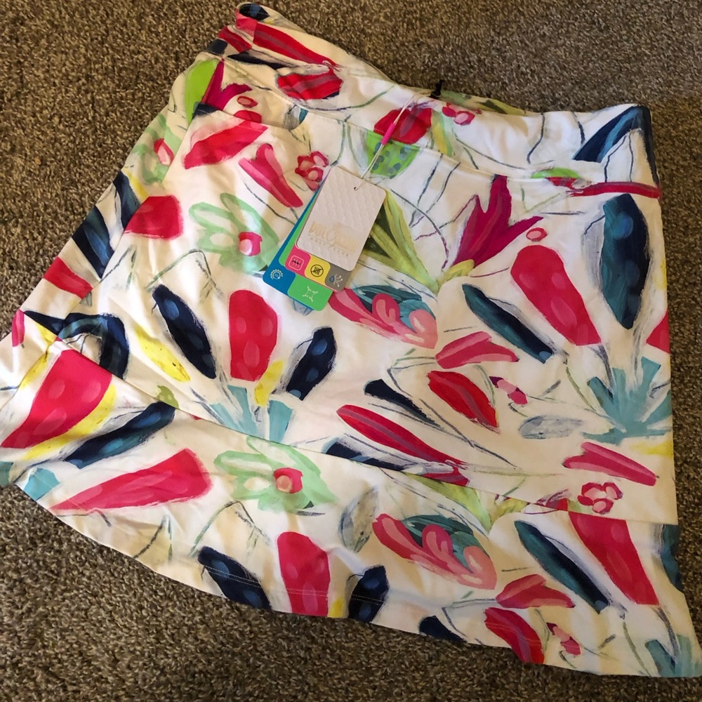 Dolceeza “Simply Art” Floral A-Line Skirt in White with Pink & Navy Accents